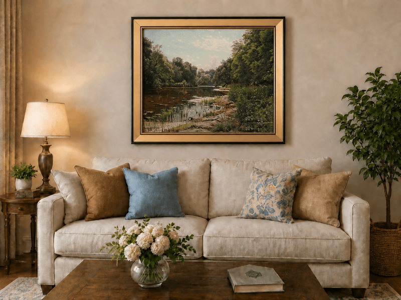Peinture à l'huile de paysage - Méandre de rivière paisible avec des arbres luxuriants