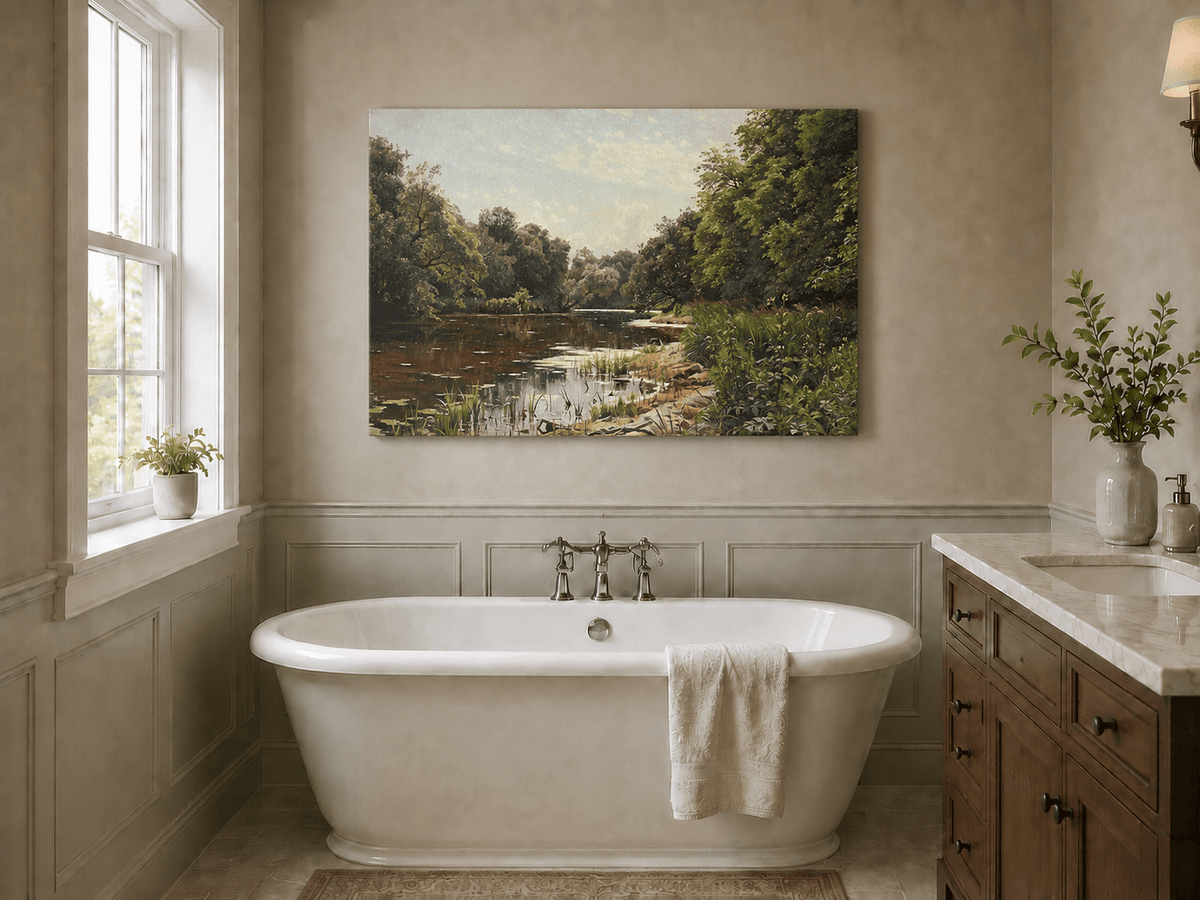 Peinture à l'huile de paysage - Méandre de rivière paisible avec des arbres luxuriants