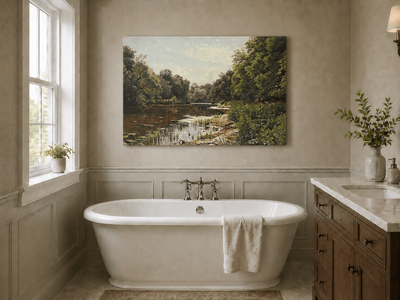 Peinture à l'huile de paysage - Méandre de rivière paisible avec des arbres luxuriants