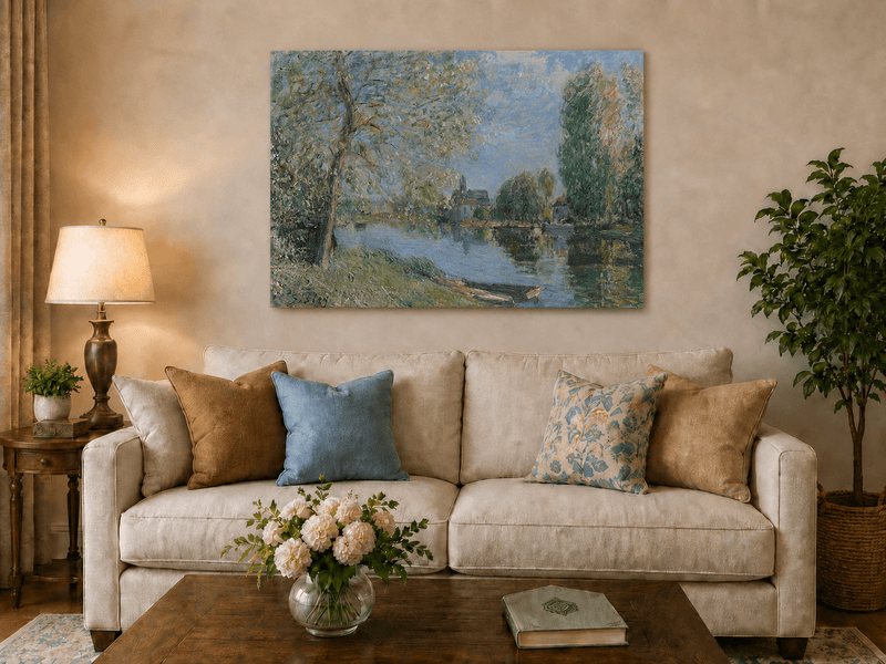 Tree-lined river and village hand-painted oil artwork displayed in a second interior view.