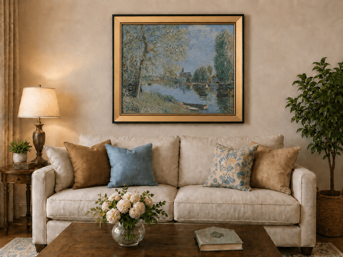 Quiet river with trees and village view landscape oil painting displayed in a styled home interior.