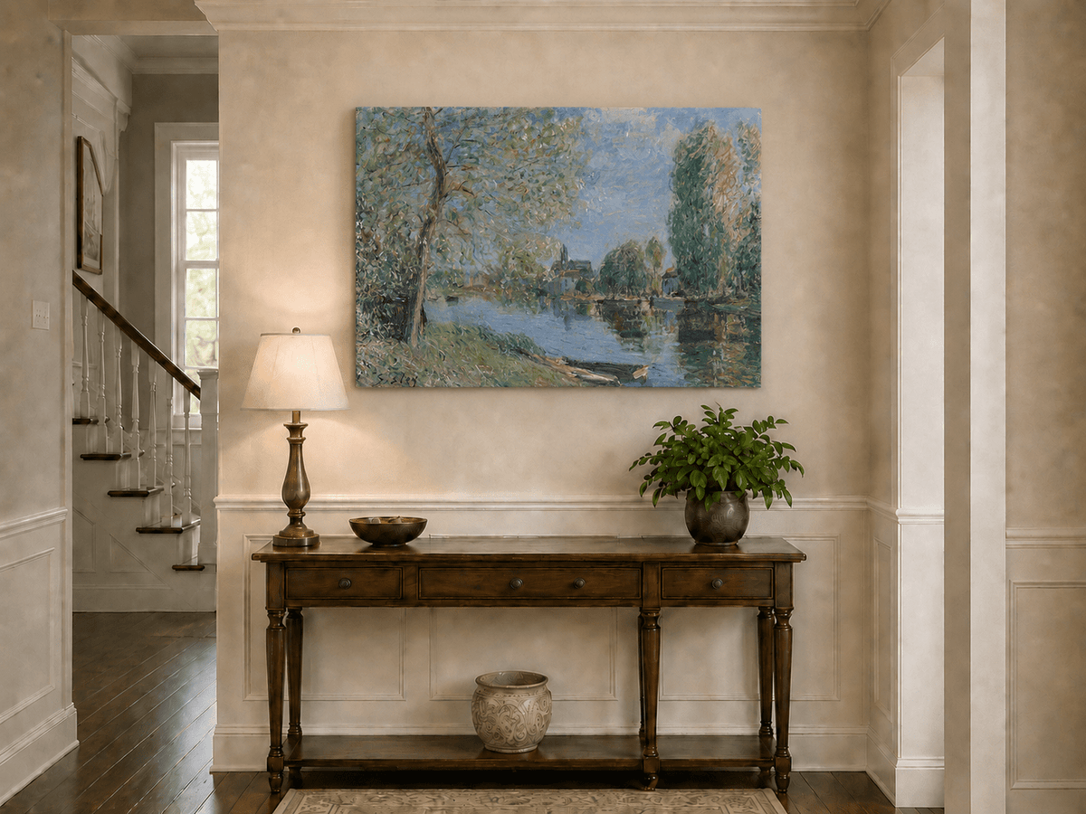Quiet riverside village landscape painting shown as decorative oil wall art.