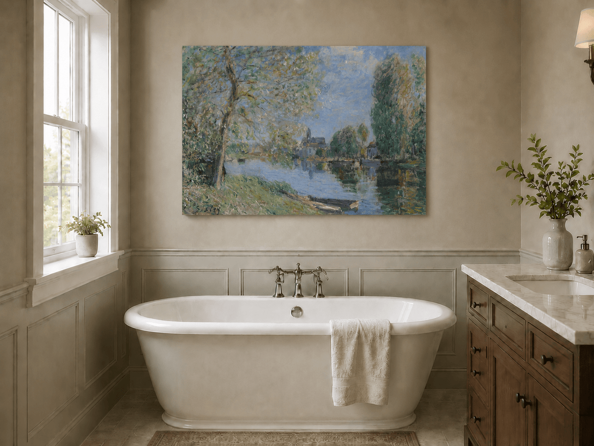 Quiet river with trees and village view landscape oil painting presented as styled home decor.