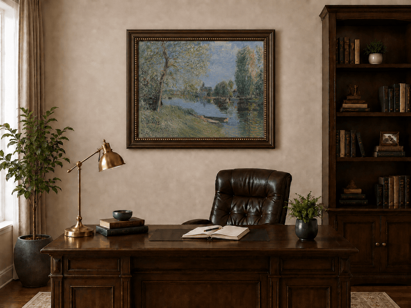 Village beyond a quiet tree-lined river landscape oil painting presented in an interior wall art mockup.