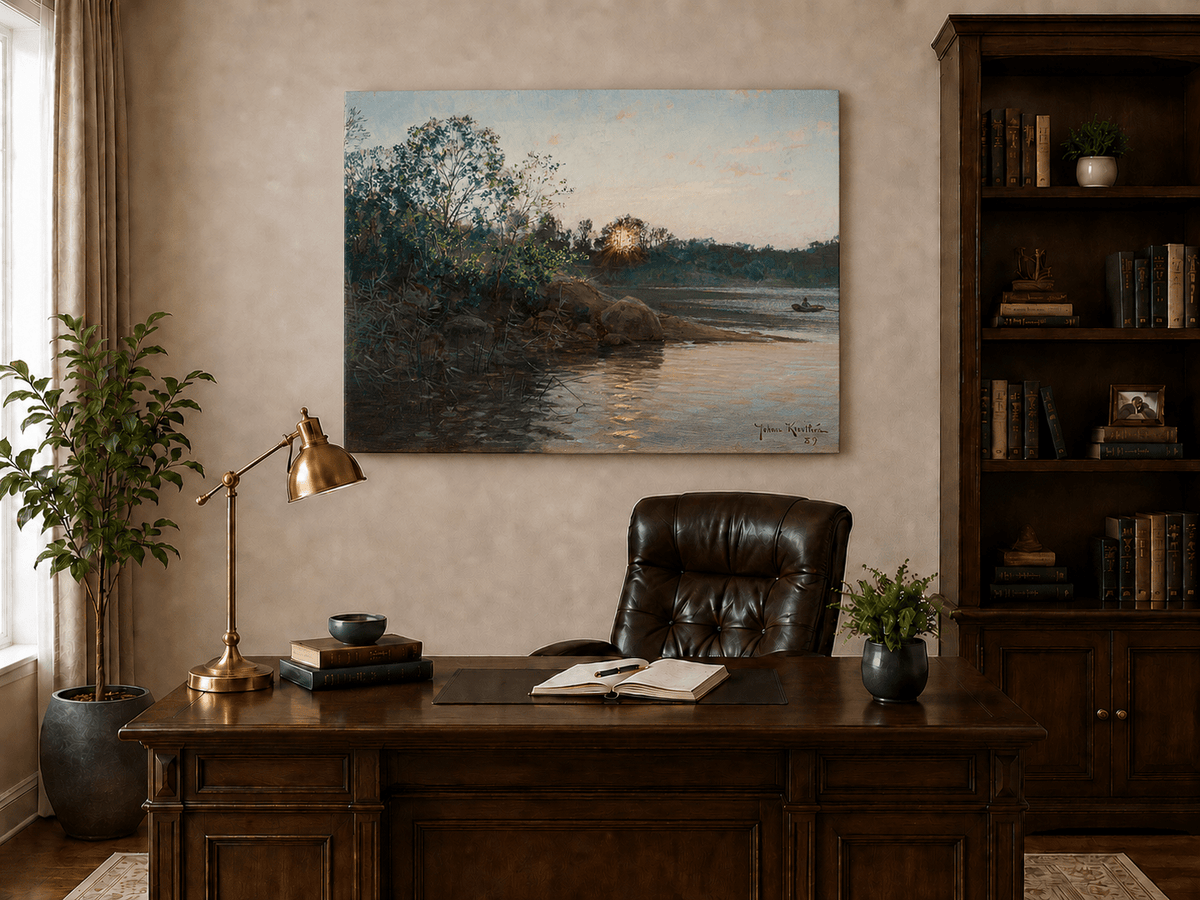 Peinture à l'huile de paysage - Rives calmes au coucher du soleil