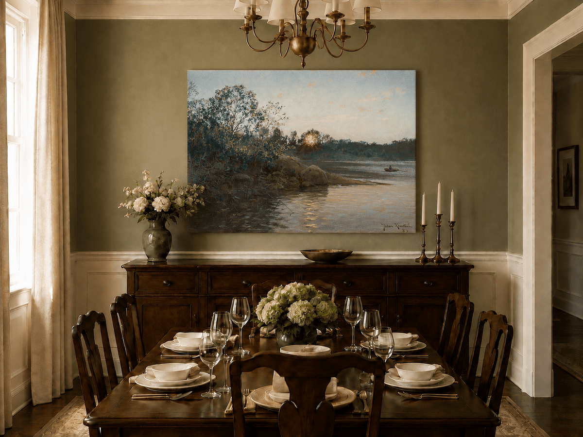 Peinture à l'huile de paysage - Rives calmes au coucher du soleil