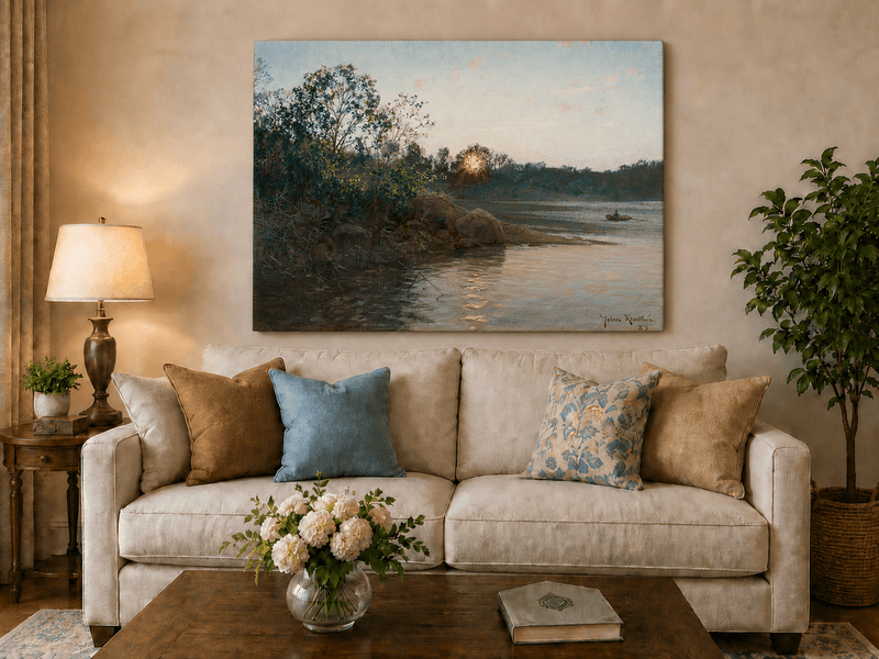 Peinture à l'huile de paysage - Rives calmes au coucher du soleil