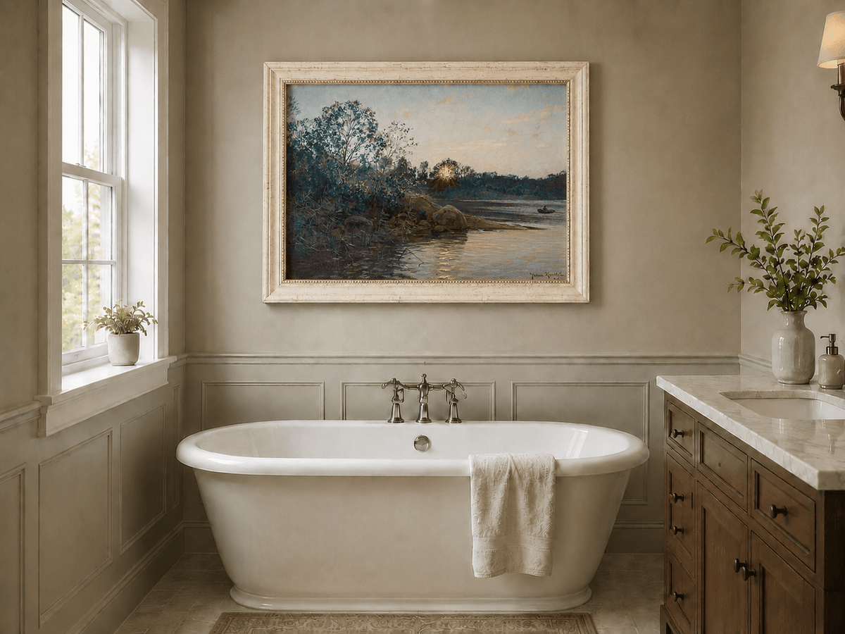 Peinture à l'huile de paysage - Rives calmes au coucher du soleil