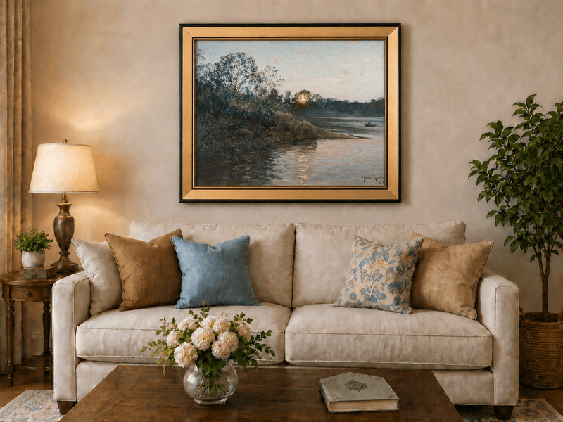 Peinture à l'huile de paysage - Rives calmes au coucher du soleil