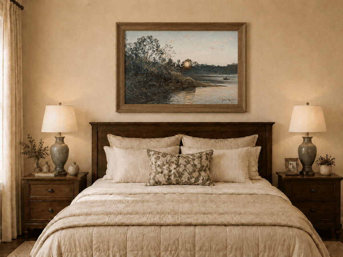 Peinture à l'huile de paysage - Rives calmes au coucher du soleil