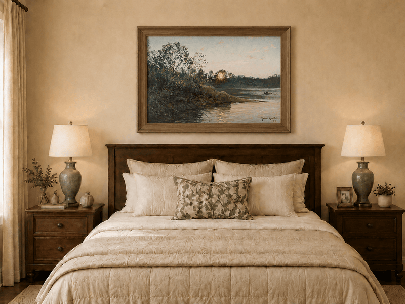 Peinture à l'huile de paysage - Rives calmes au coucher du soleil