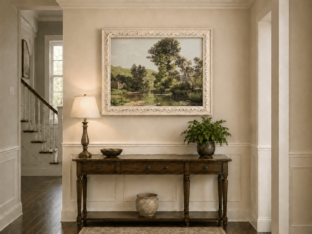 Landscape Oil Painting - Quiet Riverbank Trees & Reflections