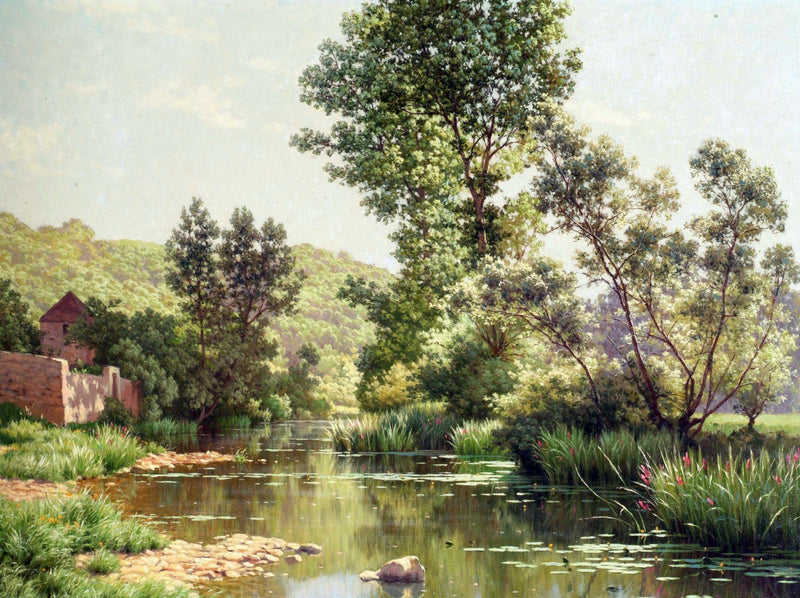Landscape Oil Painting - Quiet Riverbank Trees & Reflections