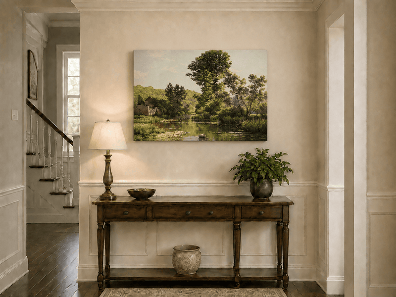 Landscape Oil Painting - Quiet Riverbank Trees & Reflections