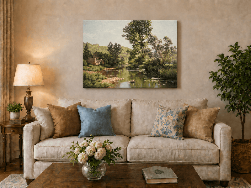 Landscape Oil Painting - Quiet Riverbank Trees & Reflections