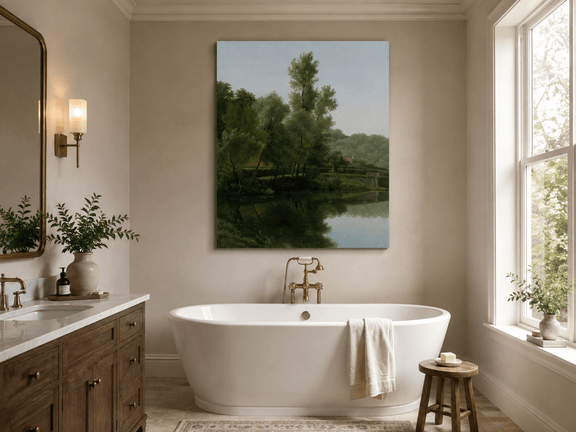 Hand-painted quiet riverside trees and reflections landscape oil painting displayed in a bathroom interior above a bathtub.