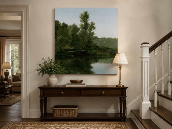 Hand-painted quiet riverside trees and reflections landscape oil painting displayed above a console table in a hallway interior.