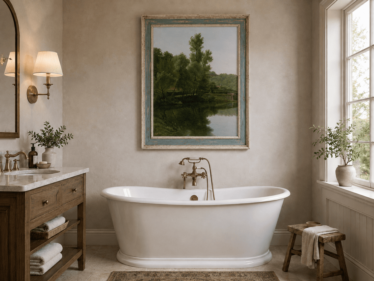 Hand-painted quiet riverside trees and reflections landscape oil painting displayed in a bathroom interior above a bathtub.