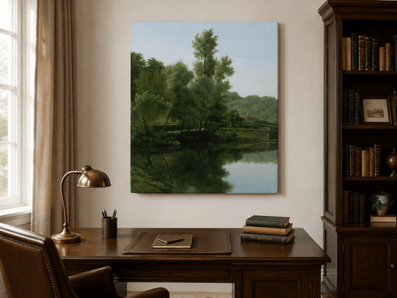 Hand-painted quiet riverside trees and reflections landscape oil painting displayed above a desk in a home office interior.