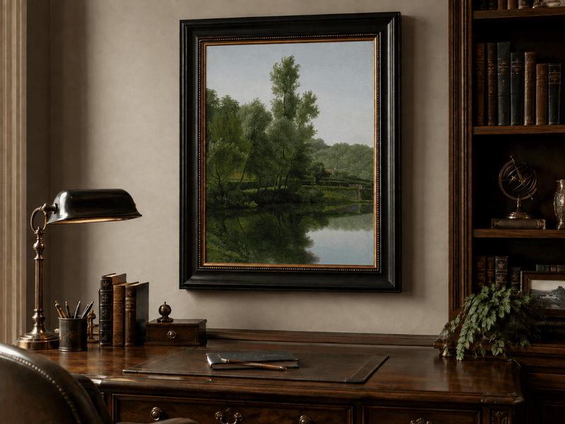 Hand-painted quiet riverside trees and reflections landscape oil painting displayed above a desk in a home office interior.