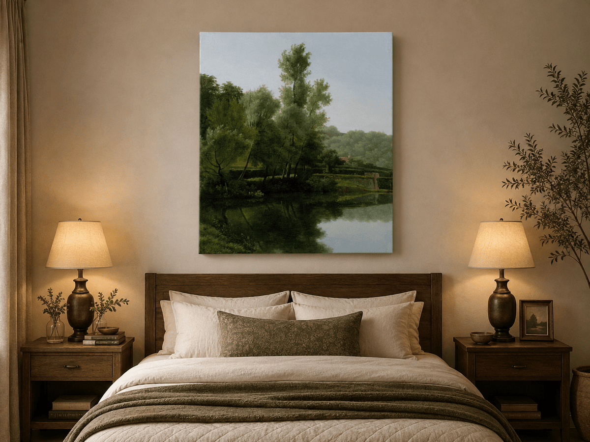 Hand-painted quiet riverside trees and reflections landscape oil painting displayed above a bed in a bedroom interior.
