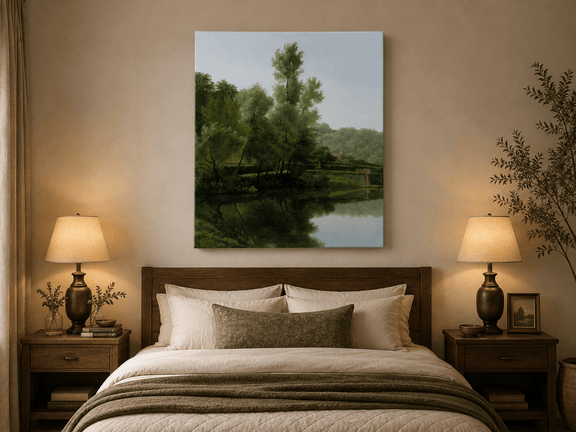 Hand-painted quiet riverside trees and reflections landscape oil painting displayed above a bed in a bedroom interior.