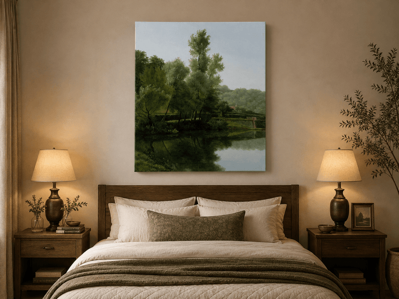 Hand-painted quiet riverside trees and reflections landscape oil painting displayed above a bed in a bedroom interior.