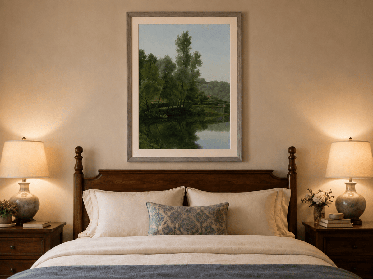Hand-painted quiet riverside trees and reflections landscape oil painting displayed above a bed in a bedroom interior.