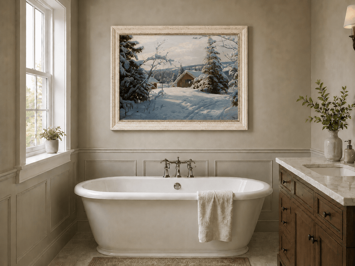 Peinture à l'huile de paysage - Cabane tranquille enneigée, forêt hivernale