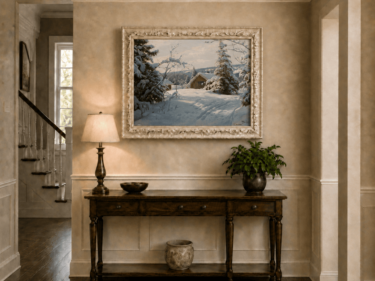 Peinture à l'huile de paysage - Cabane tranquille enneigée, forêt hivernale