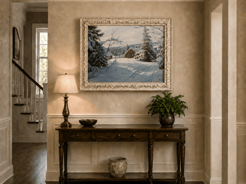 Peinture à l'huile de paysage - Cabane tranquille enneigée, forêt hivernale