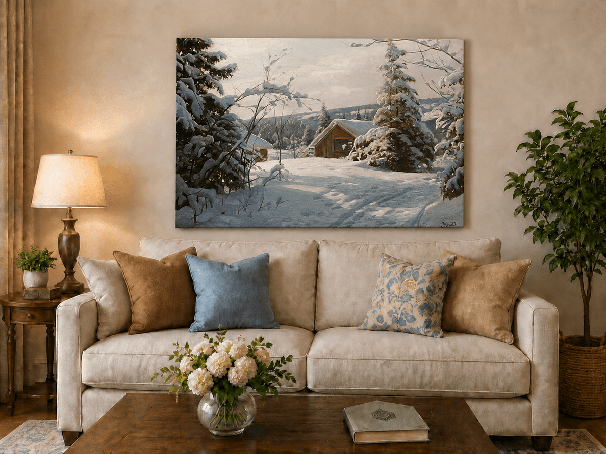Peinture à l'huile de paysage - Cabane tranquille enneigée, forêt hivernale