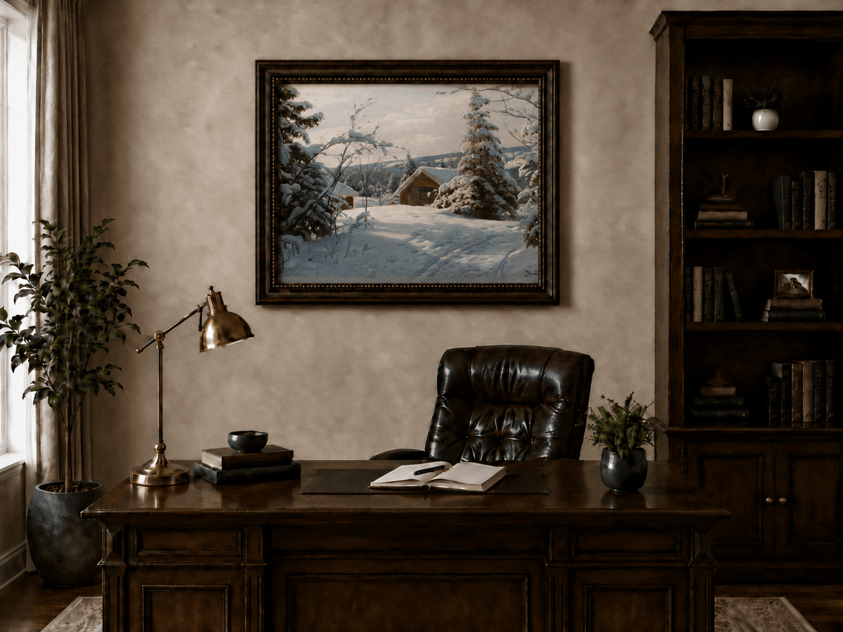 Peinture à l'huile de paysage - Cabane tranquille enneigée, forêt hivernale