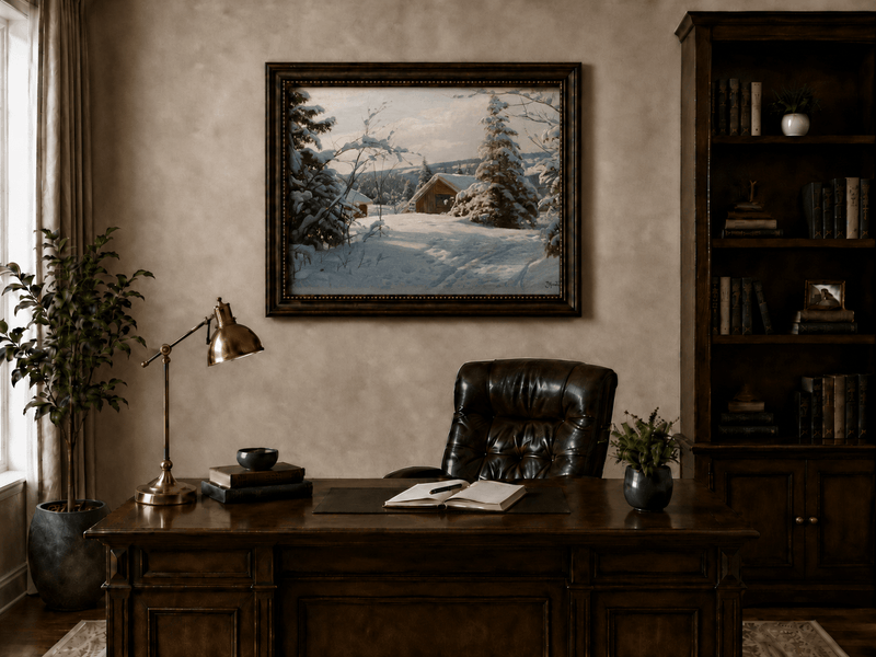 Peinture à l'huile de paysage - Cabane tranquille enneigée, forêt hivernale
