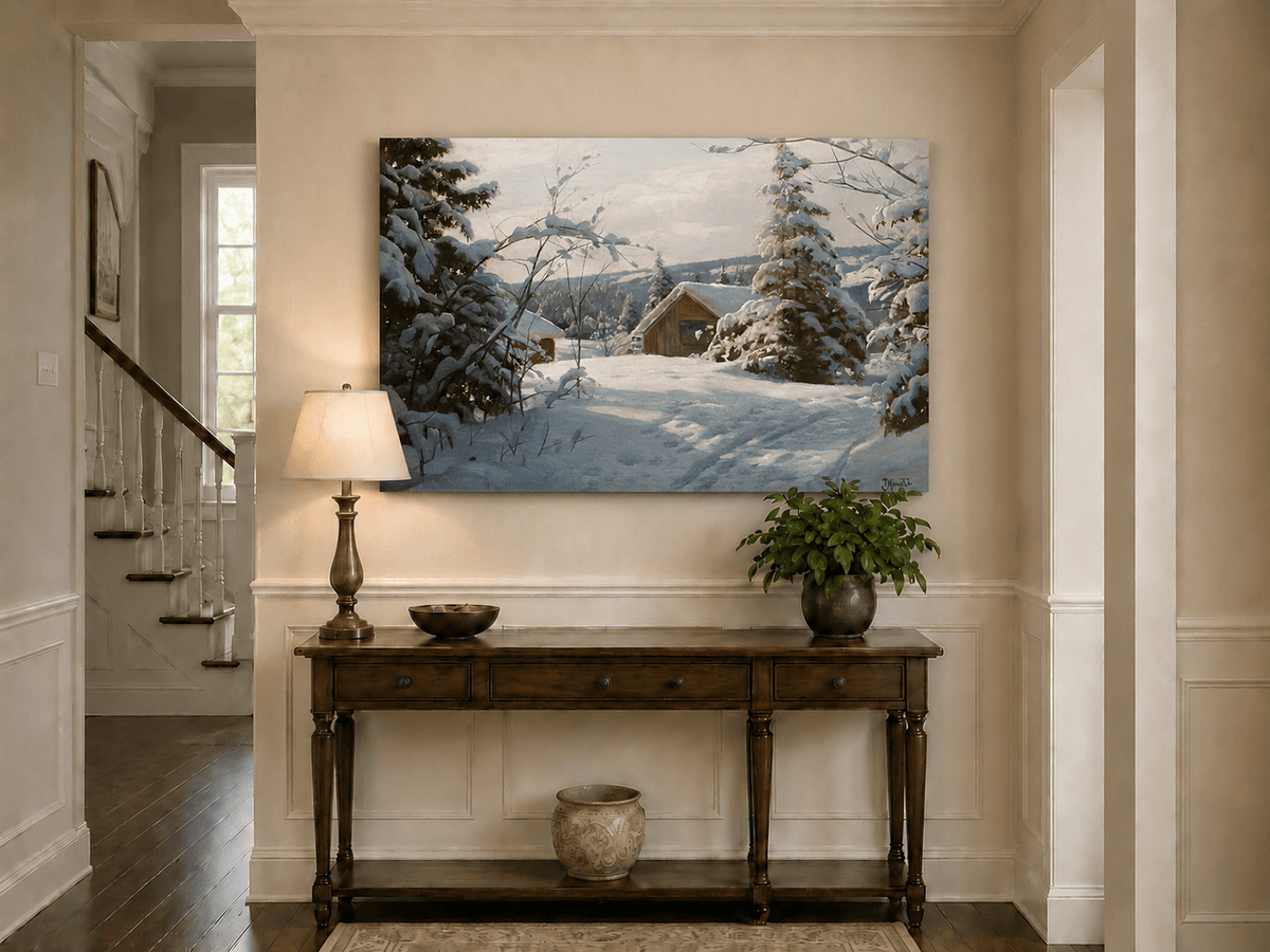 Peinture à l'huile de paysage - Cabane tranquille enneigée, forêt hivernale