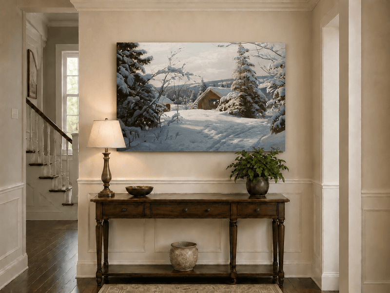 Peinture à l'huile de paysage - Cabane tranquille enneigée, forêt hivernale