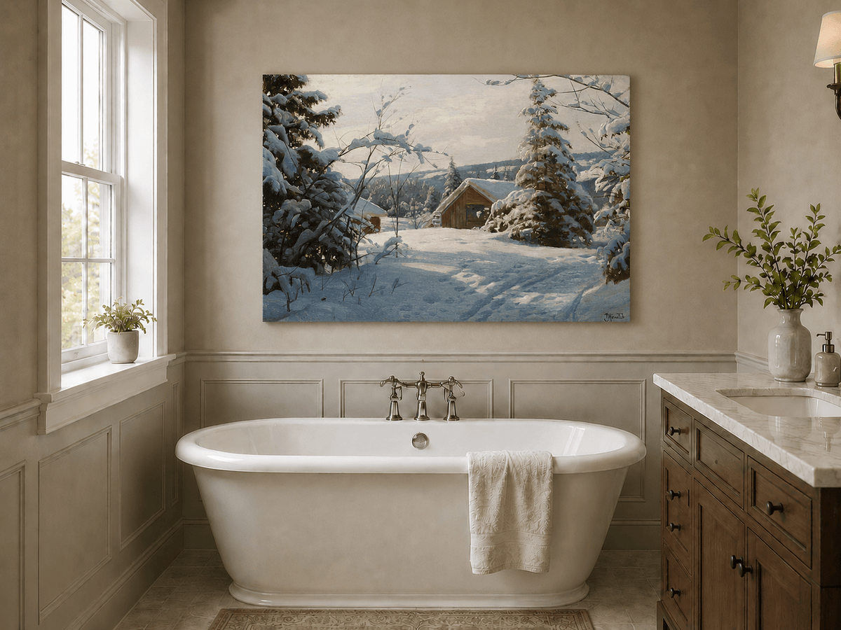Peinture à l'huile de paysage - Cabane tranquille enneigée, forêt hivernale