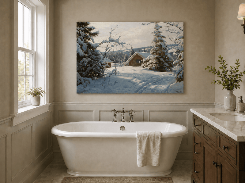 Peinture à l'huile de paysage - Cabane tranquille enneigée, forêt hivernale