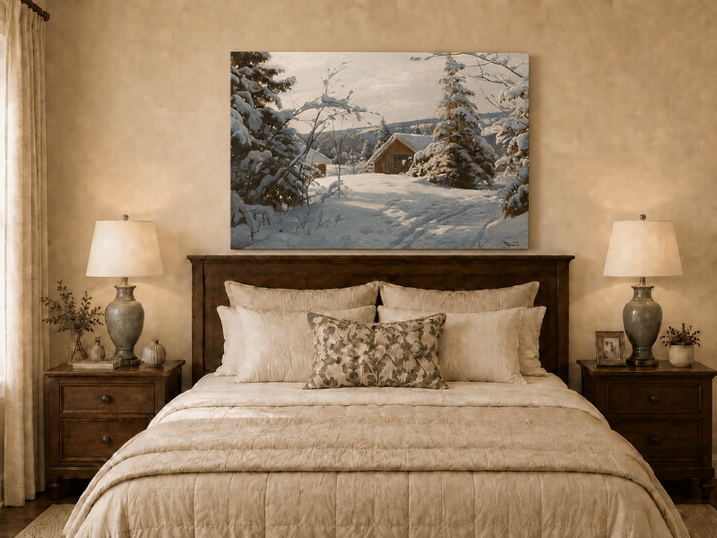 Peinture à l'huile de paysage - Cabane tranquille enneigée, forêt hivernale