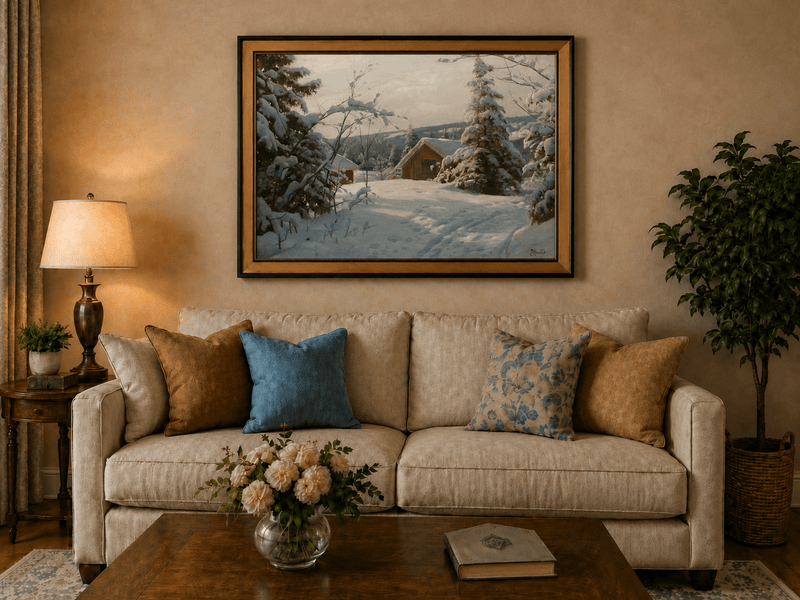 Peinture à l'huile de paysage - Cabane tranquille enneigée, forêt hivernale