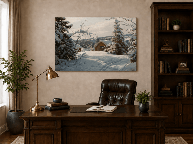 Peinture à l'huile de paysage - Cabane tranquille enneigée, forêt hivernale