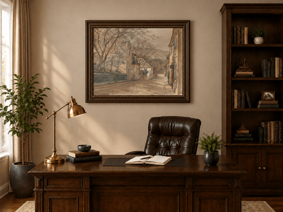 Landscape Oil Painting - Quiet Village Street with Blossoms View