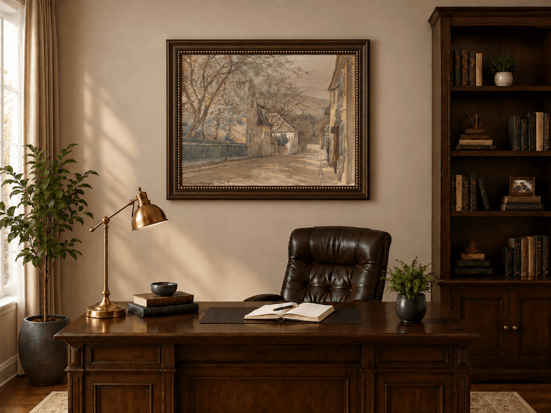 Landscape Oil Painting - Quiet Village Street with Blossoms View