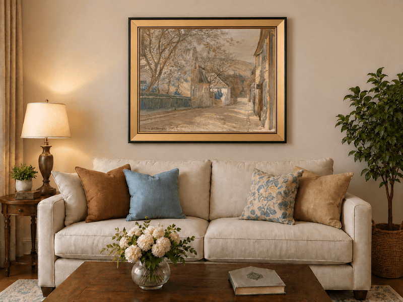 Landscape Oil Painting - Quiet Village Street with Blossoms View
