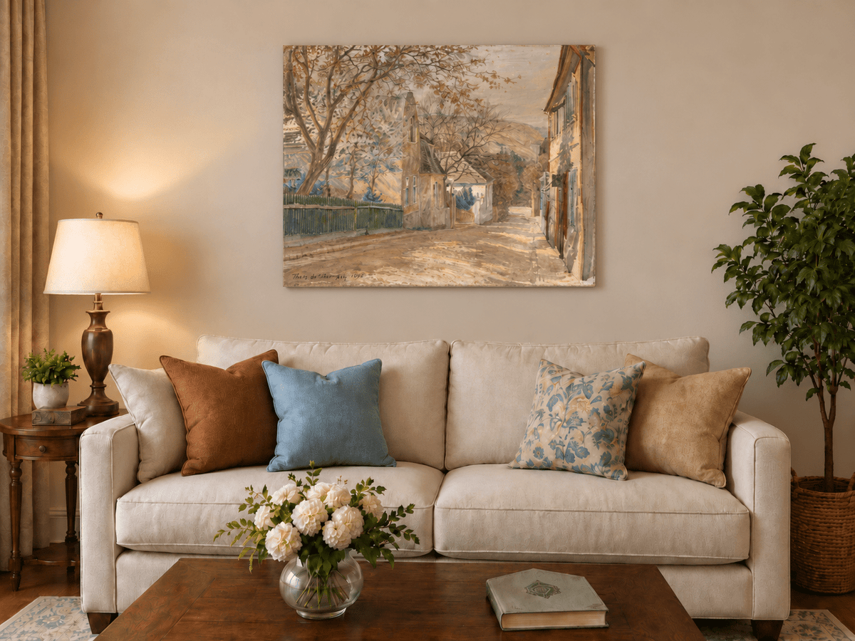 Landscape Oil Painting - Quiet Village Street with Blossoms View