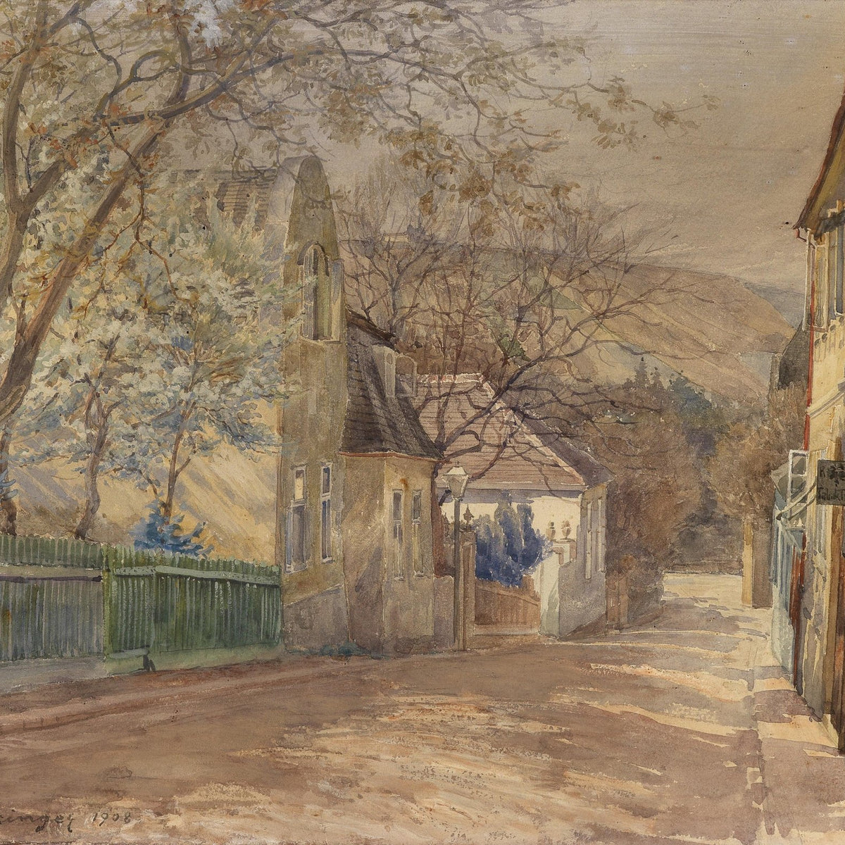 Hand-painted quiet village street with blossoms view landscape oil painting on canvas