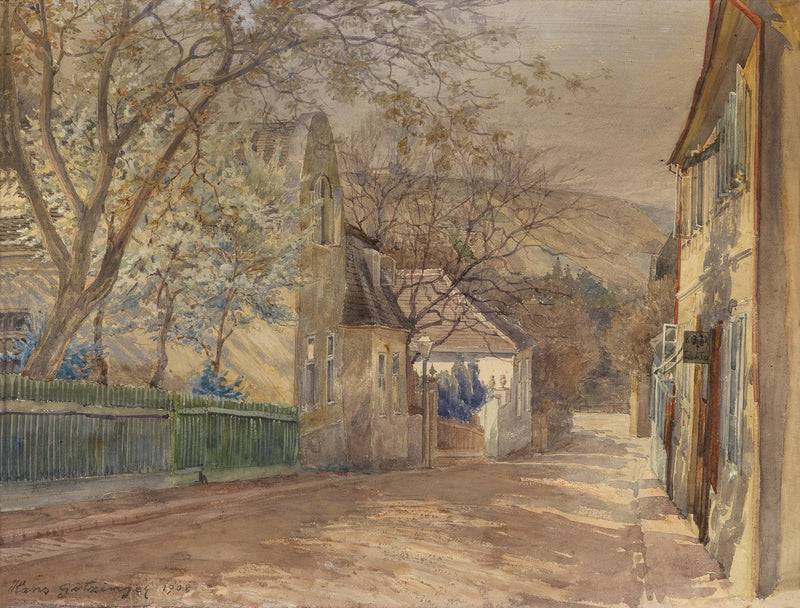 Hand-painted quiet village street with blossoms view landscape oil painting on canvas