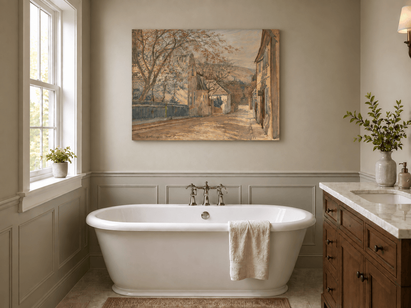 Landscape Oil Painting - Quiet Village Street with Blossoms View