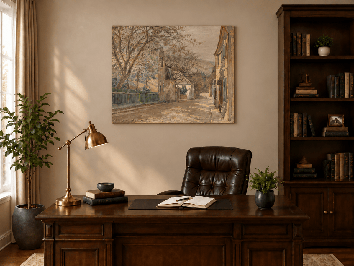 Landscape Oil Painting - Quiet Village Street with Blossoms View