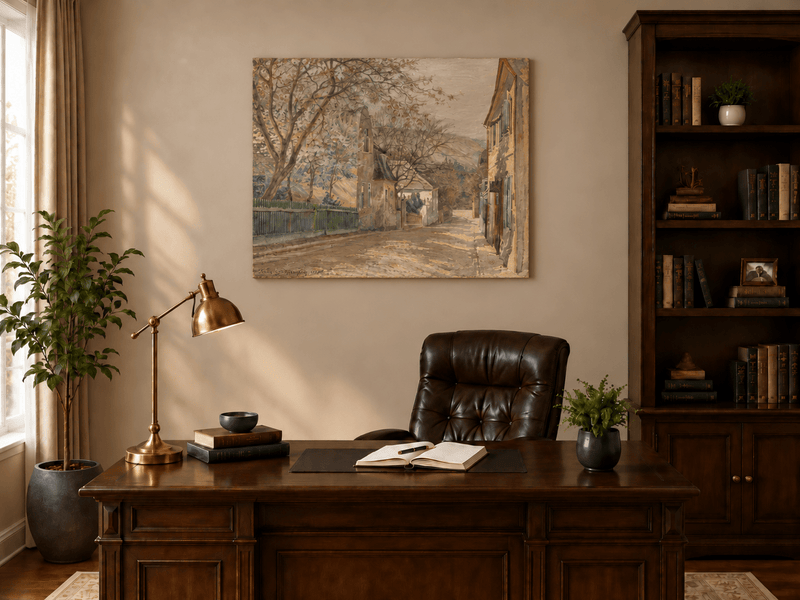 Landscape Oil Painting - Quiet Village Street with Blossoms View